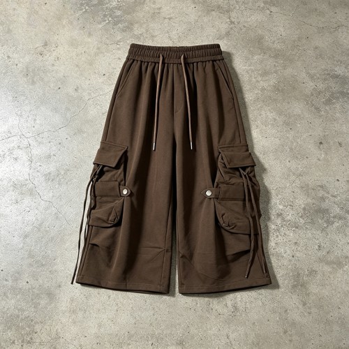 Drawstring Strap Multi Cargo Pocket Brown Capri Pants | Adjustable Strap,Button Closure | OEM Streetwear