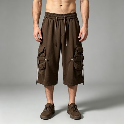 Drawstring Strap Multi Cargo Pocket Brown Capri Pants | Adjustable Strap,Button Closure | OEM Streetwear