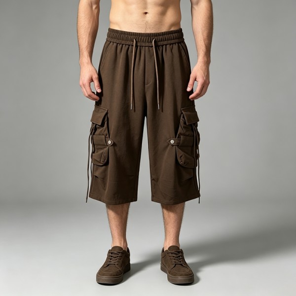 Drawstring Strap Multi Cargo Pocket Brown Capri Pants | Adjustable Strap,Button Closure | OEM Streetwear