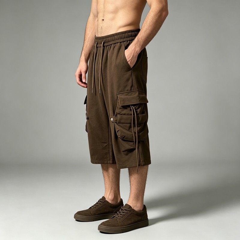 Drawstring Strap Multi Cargo Pocket Brown Capri Pants