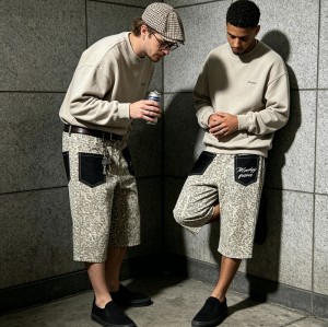 Leopard Embroidered Cropped Wide Leg Pants | Elastic Waist with Back pocket Embroidery | OEM Streetwear