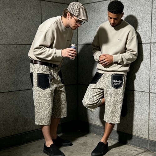 Leopard Embroidered Cropped Wide Leg Pants | Elastic Waist with Back pocket Embroidery | OEM Streetwear