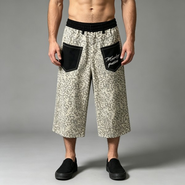 Leopard Embroidered Cropped Wide Leg Pants | Elastic Waist with Back pocket Embroidery | OEM Streetwear