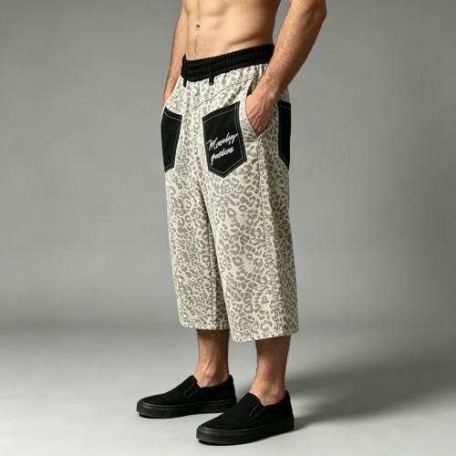 Leopard Embroidered Cropped Wide Leg Pants | Elastic Waist with Back pocket Embroidery | OEM Streetwear