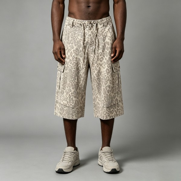 Leopard Cargo Wide Capri Pants | Elastic Drawstring Waist | Street Daily Casual Wear | Custom Streetwear