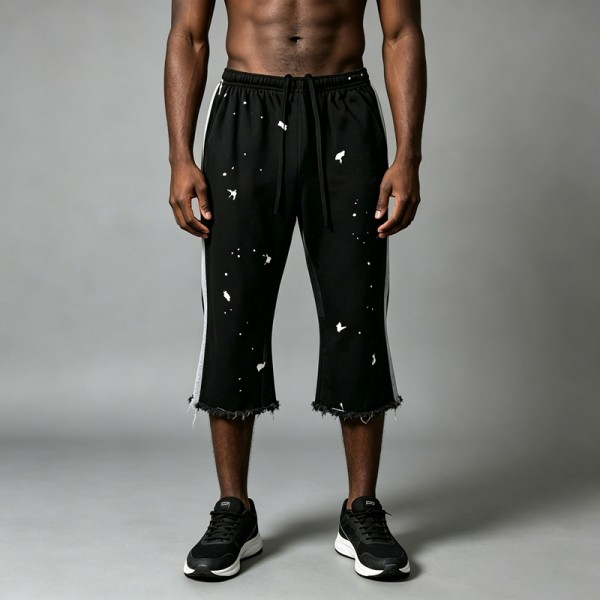 Ink Splatter Flare Capri Pants | Side Stripe Raw Hem | Cotton Blend Drawstring Waist | Custom Streetwear