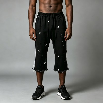 Ink Splatter Flare Capri Pants | Side Stripe Raw Hem | Cotton Blend Drawstring Waist | Custom Streetwear
