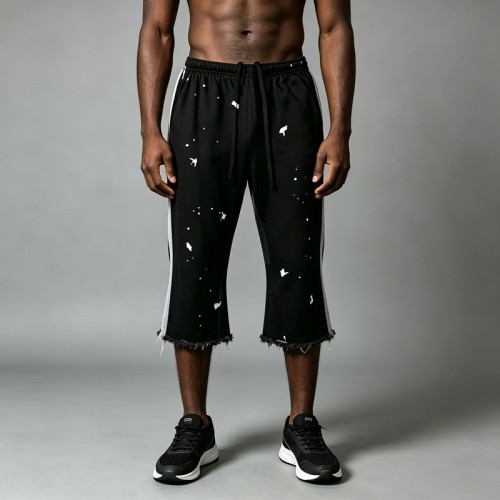 Ink Splatter Flare Capri Pants | Side Stripe Raw Hem | Cotton Blend Drawstring Waist | Custom Streetwear