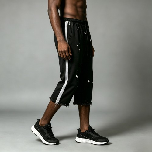 Ink Splatter Flare Capri Pants | Side Stripe Raw Hem | Cotton Blend Drawstring Waist | Custom Streetwear