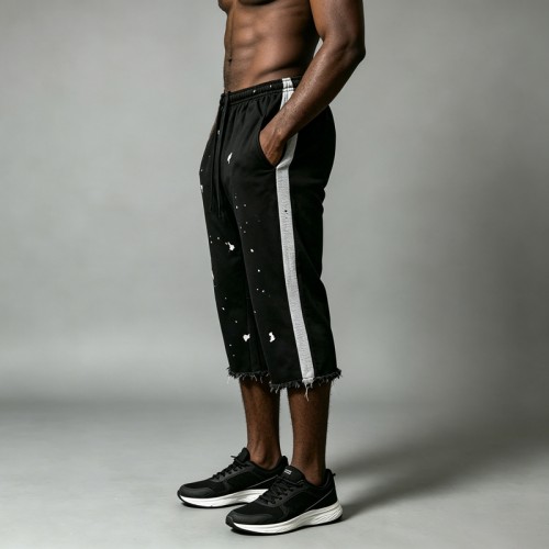 Ink Splatter Flare Capri Pants | Side Stripe Raw Hem | Cotton Blend Drawstring Waist | Custom Streetwear