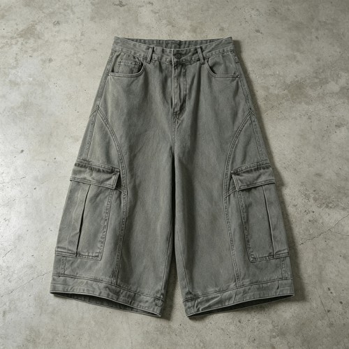 Washed Denim Cargo Capri Pants | Multi-Cargo Pocket Street Daily Casual Outfit | OEM Streetwear
