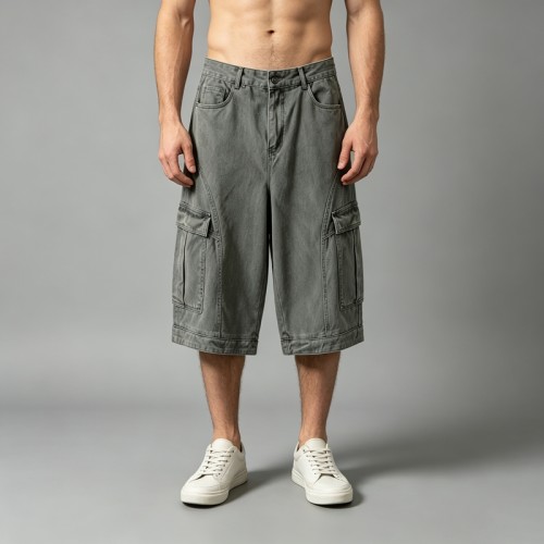 Washed Denim Cargo Capri Pants | Multi-Cargo Pocket Street Daily Casual Outfit | OEM Streetwear