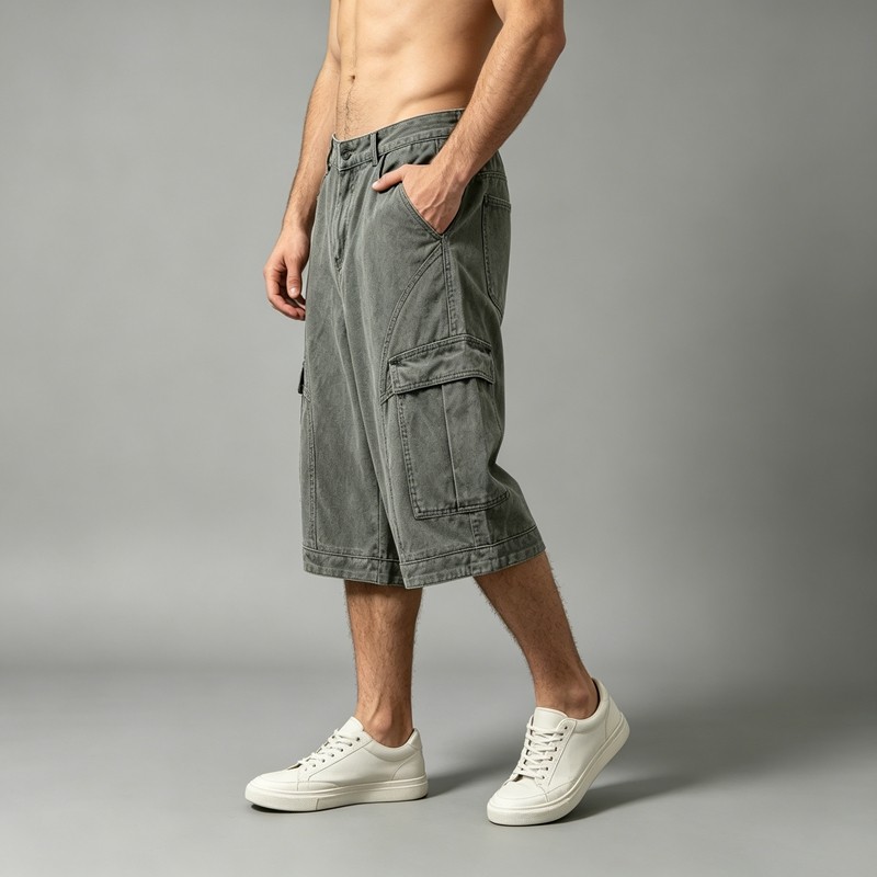 Washed Denim Cargo Capri Pants