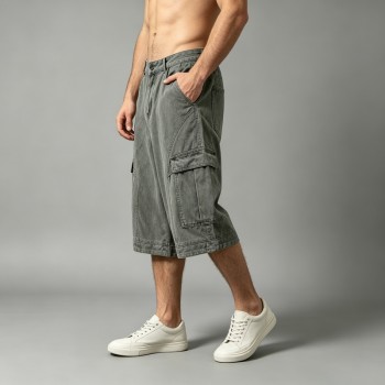 Washed Denim Cargo Capri Pants | Multi-Cargo Pocket Street Daily Casual Outfit | OEM Streetwear