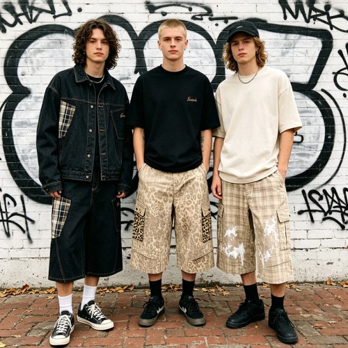 Plaid Patchwork Denim Capri pants | 100% Cotton Loose Fit Denim | Street Daily Casual Wear | OEM Streetwear