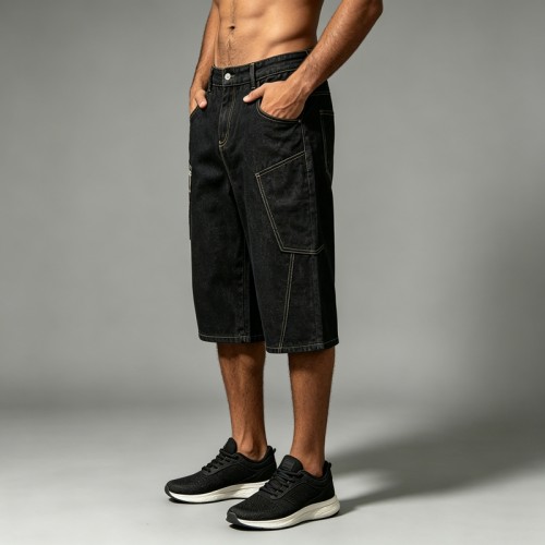 Plaid Patchwork Denim Capri pants | 100% Cotton Loose Fit Denim | Street Daily Casual Wear | OEM Streetwear