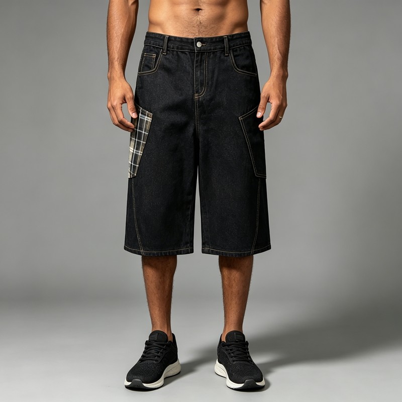 Plaid Patchwork Denim Capri pants