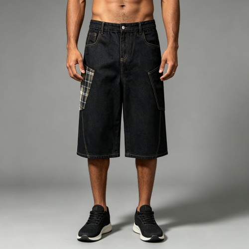 Plaid Patchwork Denim Capri pants | 100% Cotton Loose Fit Denim | Street Daily Casual Wear | OEM Streetwear