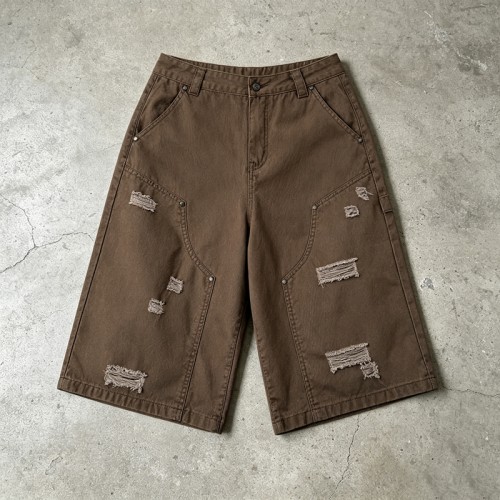 Distressed Ripped Brown Capri Pants | 100% Twill Cotton | High Waist Loose Fit | OEM Streetwear