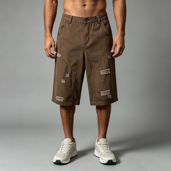 Distressed Ripped Brown Capri Pants | 100% Twill Cotton | High Waist Loose Fit | OEM Streetwear