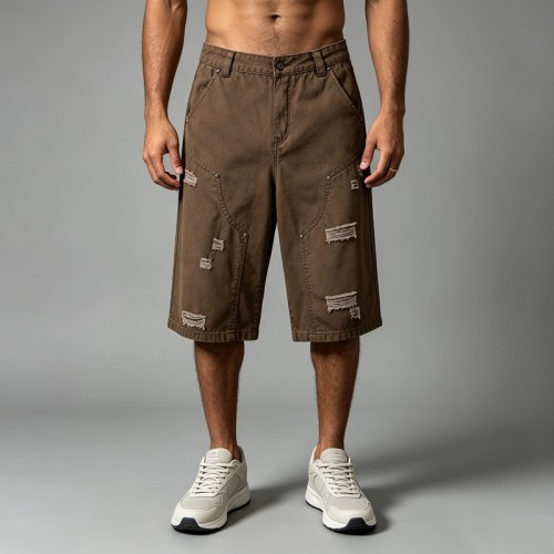 Distressed Ripped Brown Capri Pants | 100% Twill Cotton | High Waist Loose Fit | OEM Streetwear