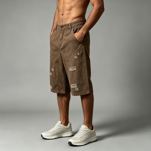 Distressed Ripped Brown Capri Pants | 100% Twill Cotton | High Waist Loose Fit | OEM Streetwear