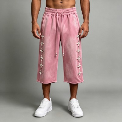 Pearl Beaded Decor Wide Leg Cropped Pants | Elastic Waist With Pockets | Daily Casual Streetwear | OEM Streetwear