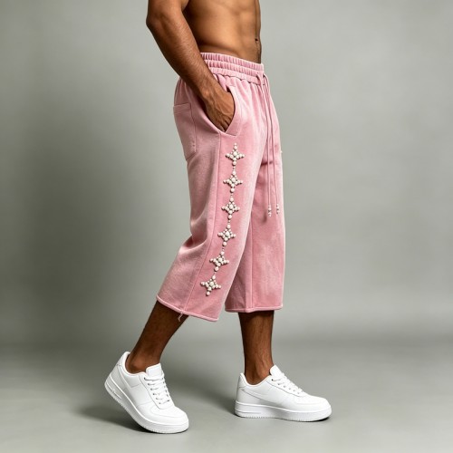 Pearl Beaded Decor Wide Leg Cropped Pants | Elastic Waist With Pockets | Daily Casual Streetwear | OEM Streetwear