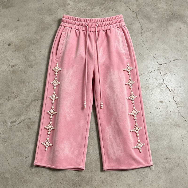 Pearl Beaded Decor Wide Leg Cropped Pants