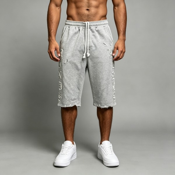 Distressed Raw Edge Capri Pants | Drawstring Waist with Side Pocket | Heather French Terry Cotton | OEM Streetwear
