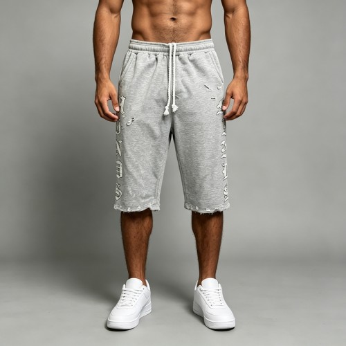 Distressed Raw Edge Capri Pants | Drawstring Waist with Side Pocket | Heather French Terry Cotton | OEM Streetwear