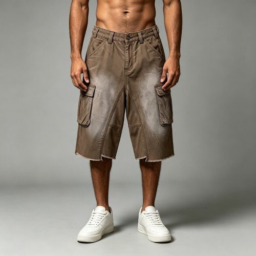 Brown Spray Dye Raw Edge Cargo Capri Pants | Water Resistant Twill Fabric | Loose Fit Multi Pocket | OEM Streetwear