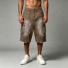 Brown Spray Dye Raw Edge Cargo Capri Pants | Water Resistant Twill Fabric | Loose Fit Multi Pocket | OEM Streetwear