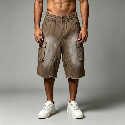 Brown Spray Dye Raw Edge Cargo Capri Pants | Water Resistant Twill Fabric | Loose Fit Multi Pocket | OEM Streetwear