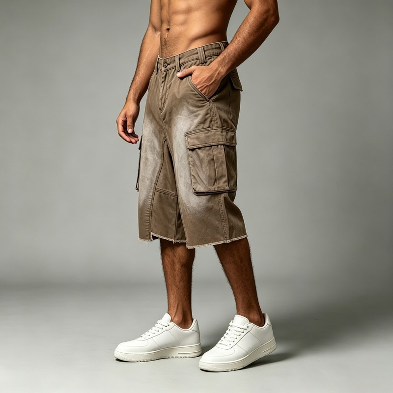 Brown Spray Dye Raw Edge Cargo Capri Pantsts