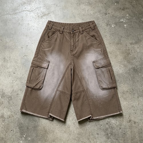 Brown Spray Dye Raw Edge Cargo Capri Pants | Water Resistant Twill Fabric | Loose Fit Multi Pocket | OEM Streetwear