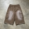 Brown Spray Dye Raw Edge Cargo Capri Pants | Water Resistant Twill Fabric | Loose Fit Multi Pocket | OEM Streetwear