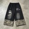 Distressed Camo Patch Washed Spray Dye Screen Print Capri pants | Cotton Blend Elastic Waist Drawstring | OEM Streetwear