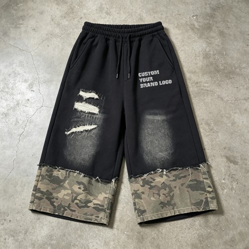 Distressed Camo Patch Washed Spray Dye Screen Print Capri pants | Cotton Blend Elastic Waist Drawstring | OEM Streetwear