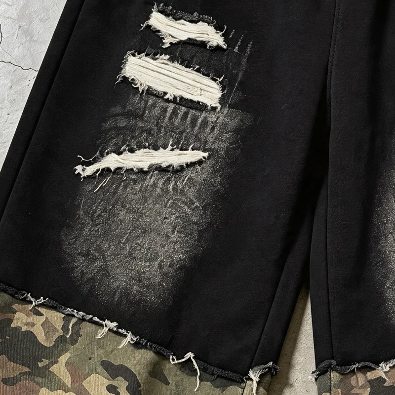 Distressed Camo Patch Washed Spray Dye Screen Print Capri pants