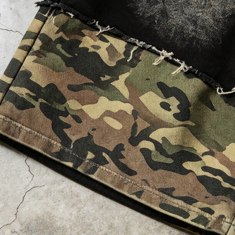 Distressed Camo Patch Washed Spray Dye Screen Print Capri pants