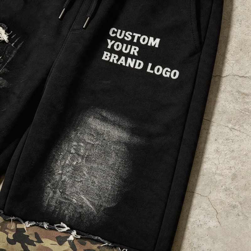 Distressed Camo Patch Washed Spray Dye Screen Print Capri pants