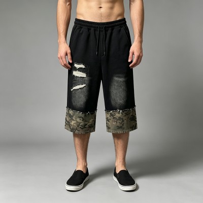 Distressed Camo Patch Washed Spray Dye Screen Print Capri pants | Cotton Blend Elastic Waist Drawstring | OEM Streetwear