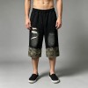 Distressed Camo Patch Washed Spray Dye Screen Print Capri pants | Cotton Blend Elastic Waist Drawstring | OEM Streetwear