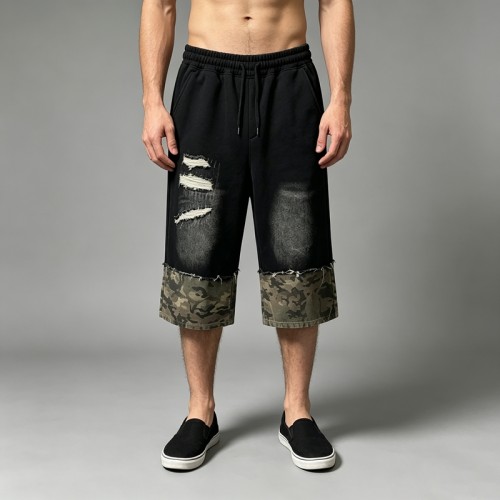 Distressed Camo Patch Washed Spray Dye Screen Print Capri pants | Cotton Blend Elastic Waist Drawstring | OEM Streetwear