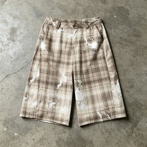 Ink-splatter Plaid Wide Leg Capri Pants | Button Fly | Street Daily Wear | Custom Streetwear