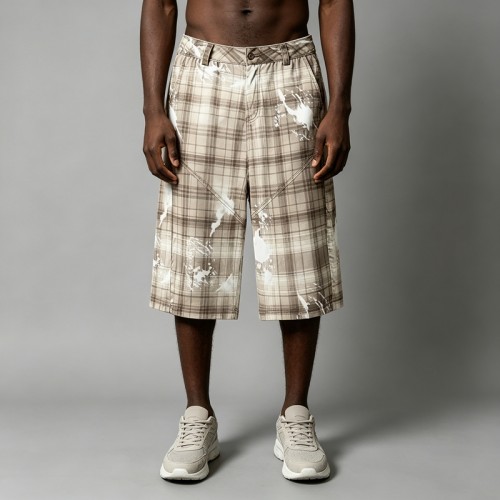 Ink-splatter Plaid Wide Leg Capri Pants | Button Fly | Street Daily Wear | Custom Streetwear