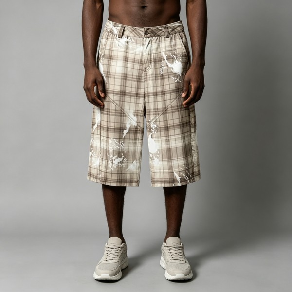 Ink-splatter Plaid Wide Leg Capri Pants | Button Fly | Street Daily Wear | Custom Streetwear