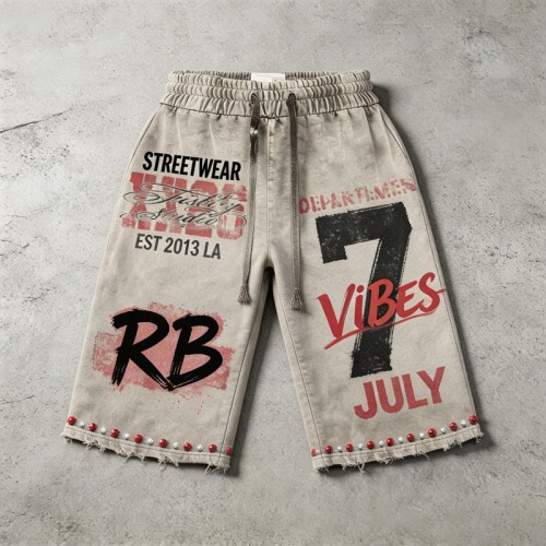 Screen DTG Print Beaded Washed Spray Dye Flared Capri Pants | Raw Edge Daily Hip Hop Outfit | Custom Streetwear