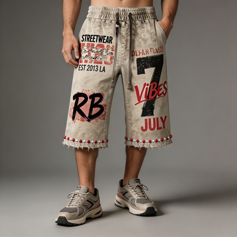 Screen DTG Print Beaded Washed Spray Dye Flared Capri Pants